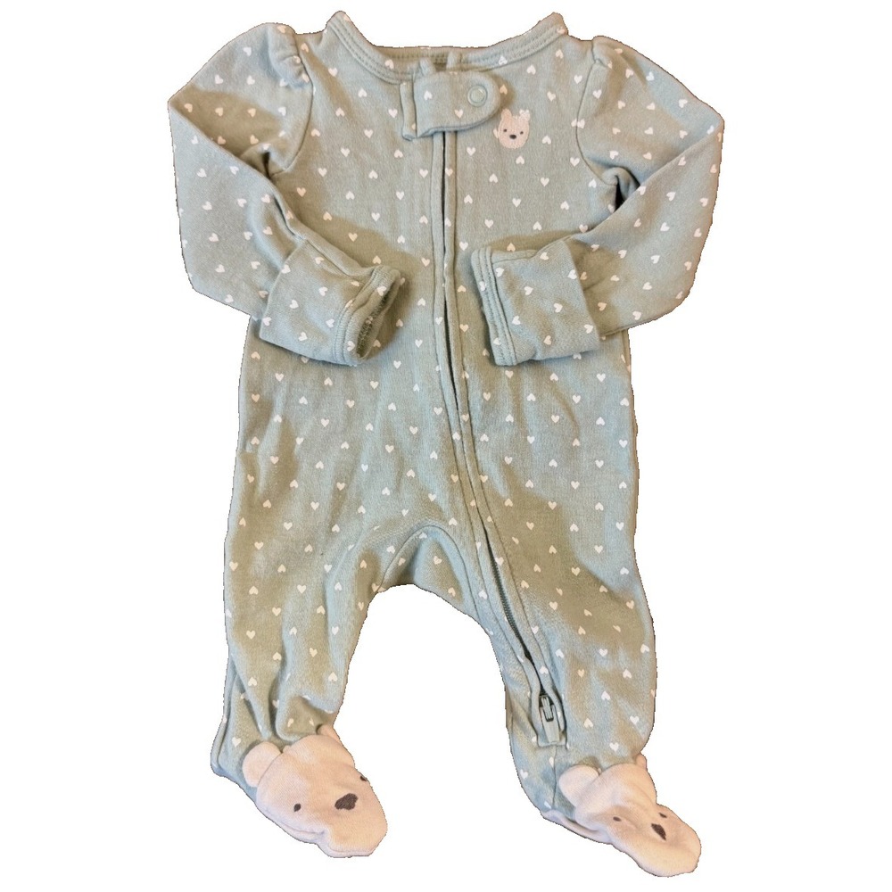Baby Girl Preemie Outfit Footie Sleeper Heart Bear Green 2 Way Zipper Clothes